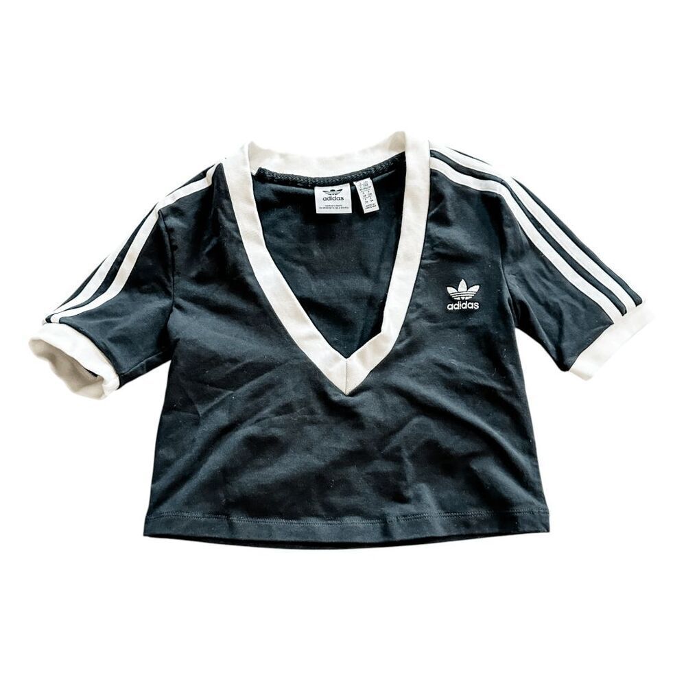 Brand New Adidas Originals 3 stripe V-Neck Cropped T-Shirt in Black Size 2XS - Picture 3 of 6